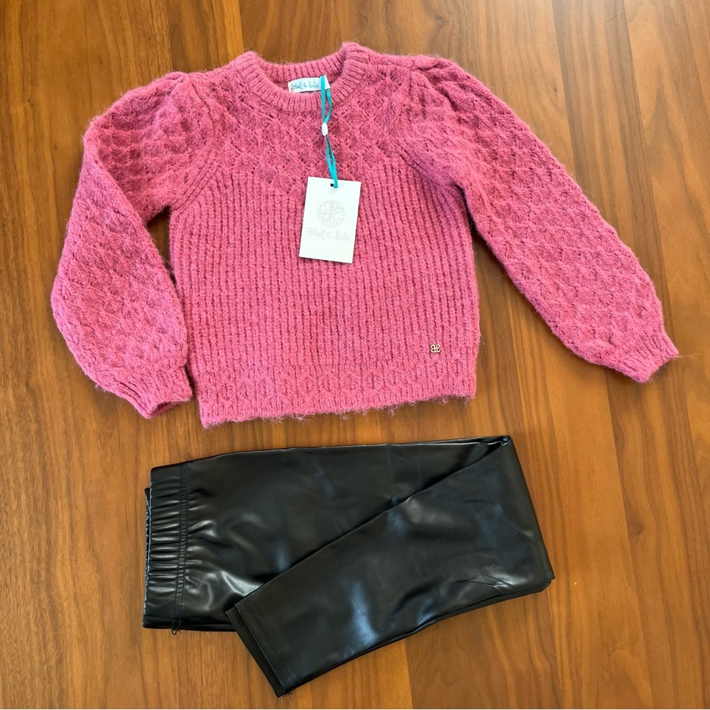 ABEL & LULA | Pink Chunky Knit Crew Neck Sweater + free faux leather leggings